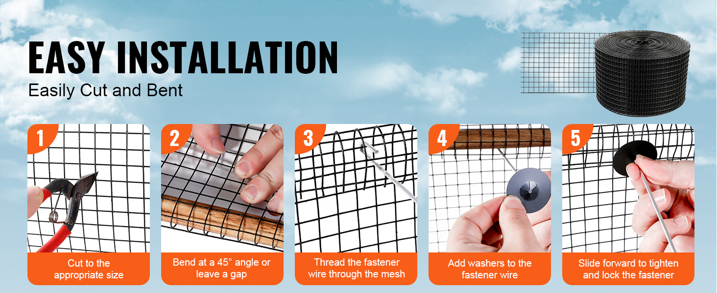 easy installation steps for VEVOR solar panel bird guard: cut mesh, bend, thread wire, add washers, and lock fastener.