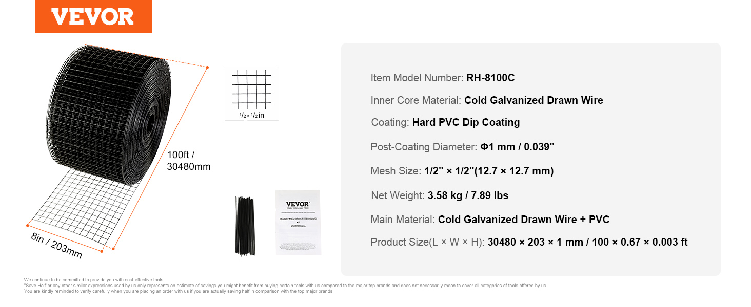 VEVOR solar panel bird guard, 100ft roll, cold galvanized drawn wire, hard pvc coating, 8in width.