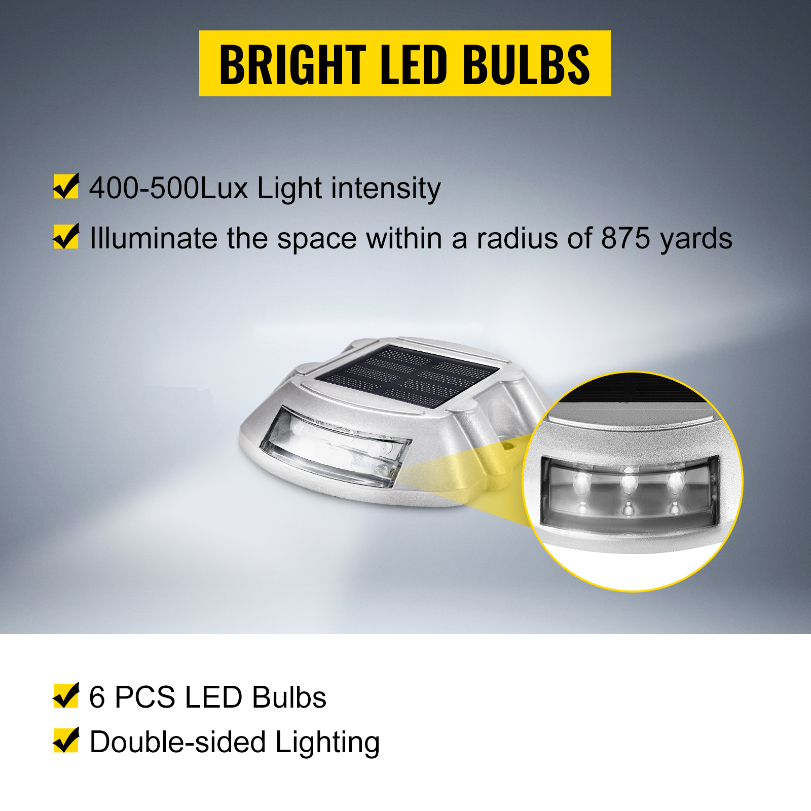 VEVOR solar driveway lights with bright led bulbs, 400-500 lux, and double-sided lighting.