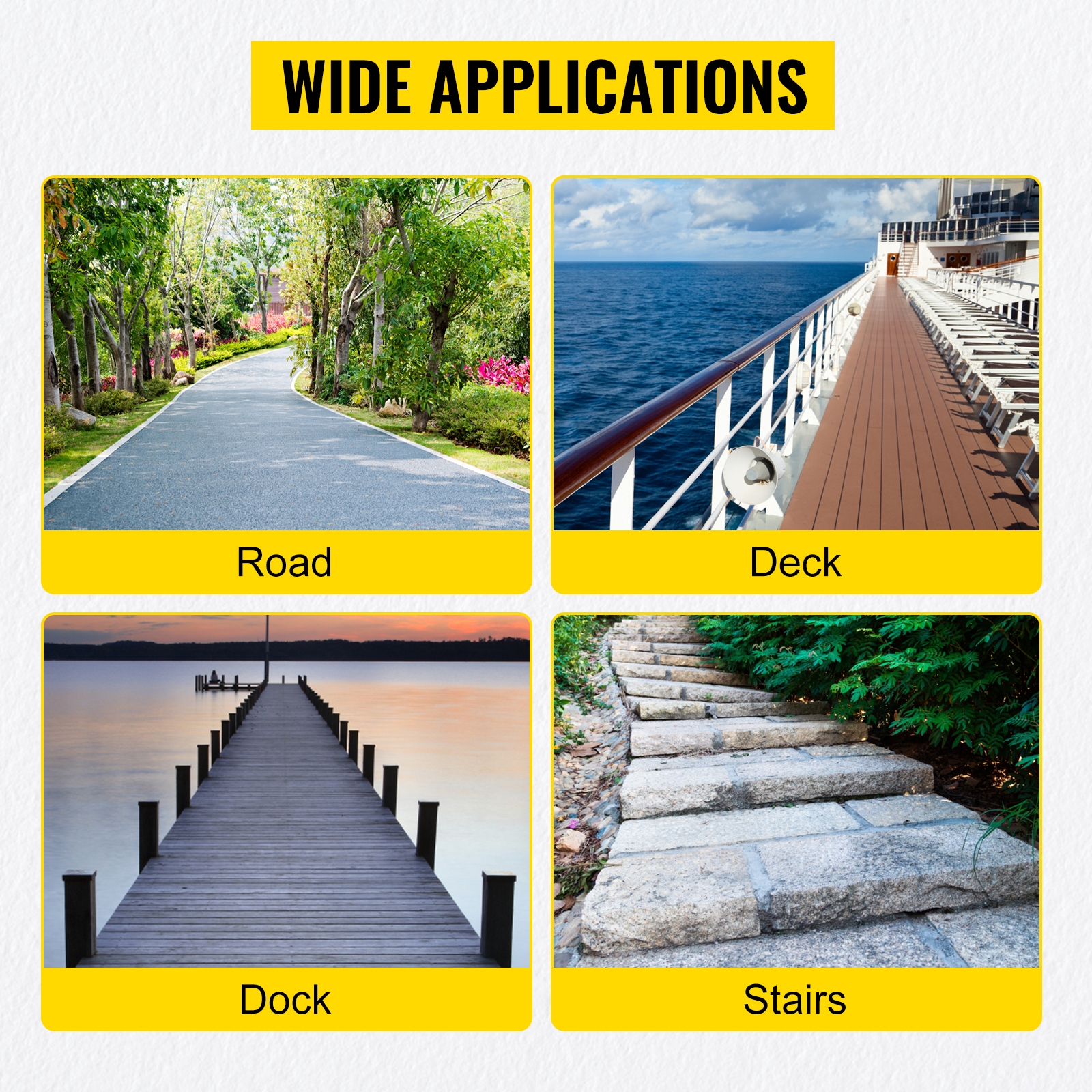 wide applications for VEVOR solar driveway lights on road, deck, dock, and stairs.