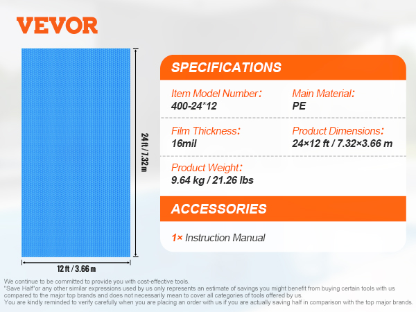 VEVOR solar pool cover, 24x12 ft, pe material, 16mil thickness, 21.26 lbs, includes instruction manual.