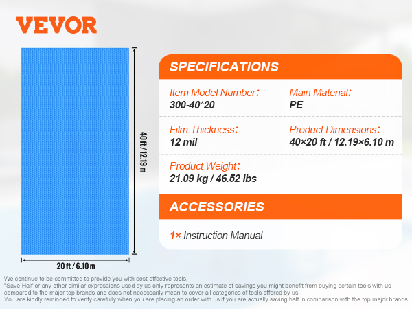 VEVOR solar pool cover, 40x20 ft size, 12 mil thickness, pe material, 21.09 kg weight.