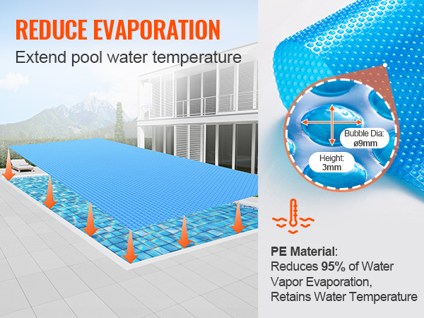 VEVOR solar pool cover reduces evaporation, extends pool temperature. pe material, 95% reduction in water vapor.