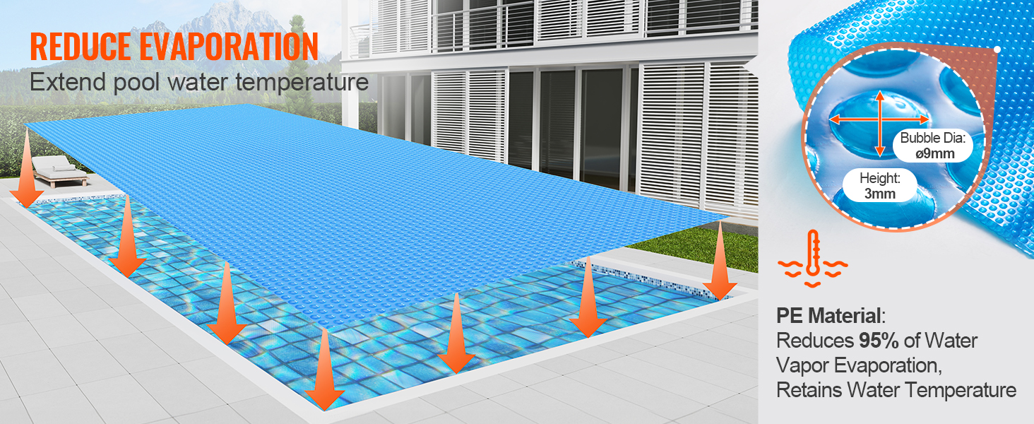 VEVOR solar pool cover reduces evaporation, extends pool temperature. pe material, 95% reduction in water vapor.
