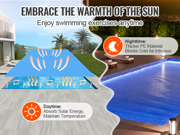 VEVOR solar pool cover: absorbs solar energy by day, blocks cold air by night for warm swimming anytime.