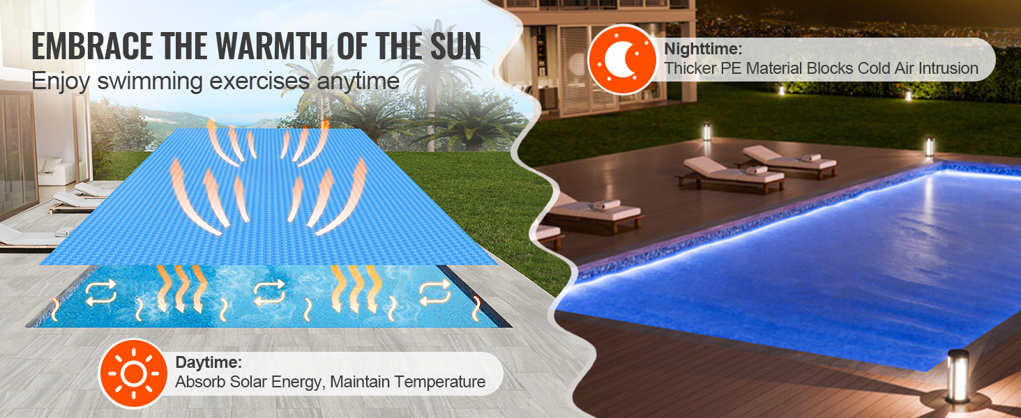 VEVOR solar pool cover: absorbs solar energy by day, blocks cold air by night for warm swimming anytime.