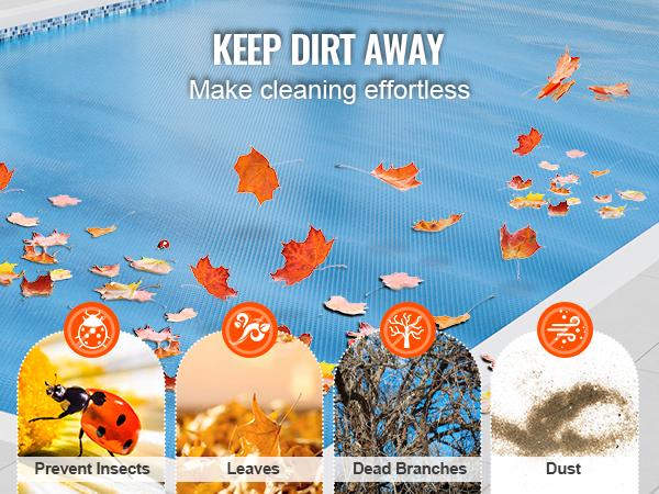 VEVOR solar pool cover keeping leaves, insects, dead branches, and dust away from the pool.