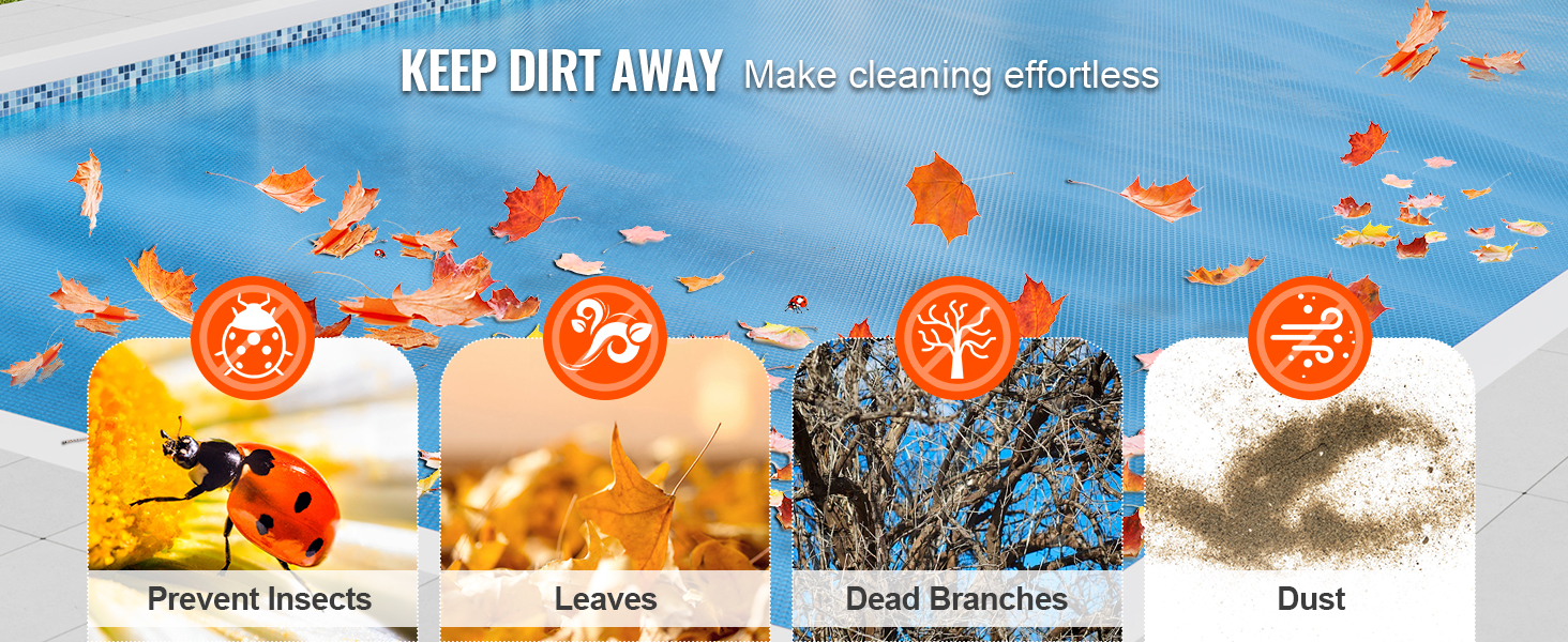 VEVOR solar pool cover keeping leaves, insects, dead branches, and dust away from the pool.