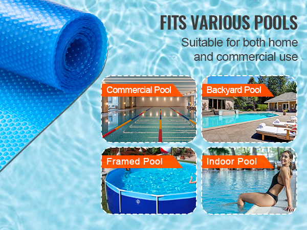 VEVOR solar pool cover fits various pools, ideal for commercial, backyard, framed, and indoor pools.