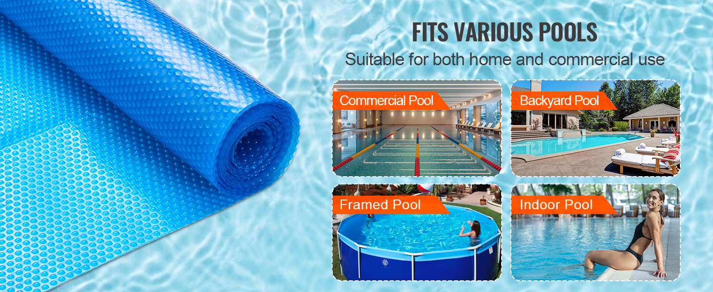 VEVOR solar pool cover fits various pools, ideal for commercial, backyard, framed, and indoor pools.