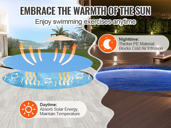VEVOR solar pool cover: absorbs solar energy by day, blocks cold air by night, for all-weather swimming.