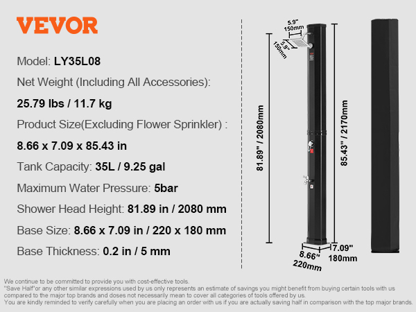 VEVOR solar heated shower, model ly35l08, with 35l tank, 5bar pressure, and 81.89" shower head height.