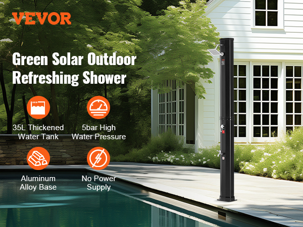 VEVOR solar heated shower by a pool, features include 35l water tank and 5bar pressure.