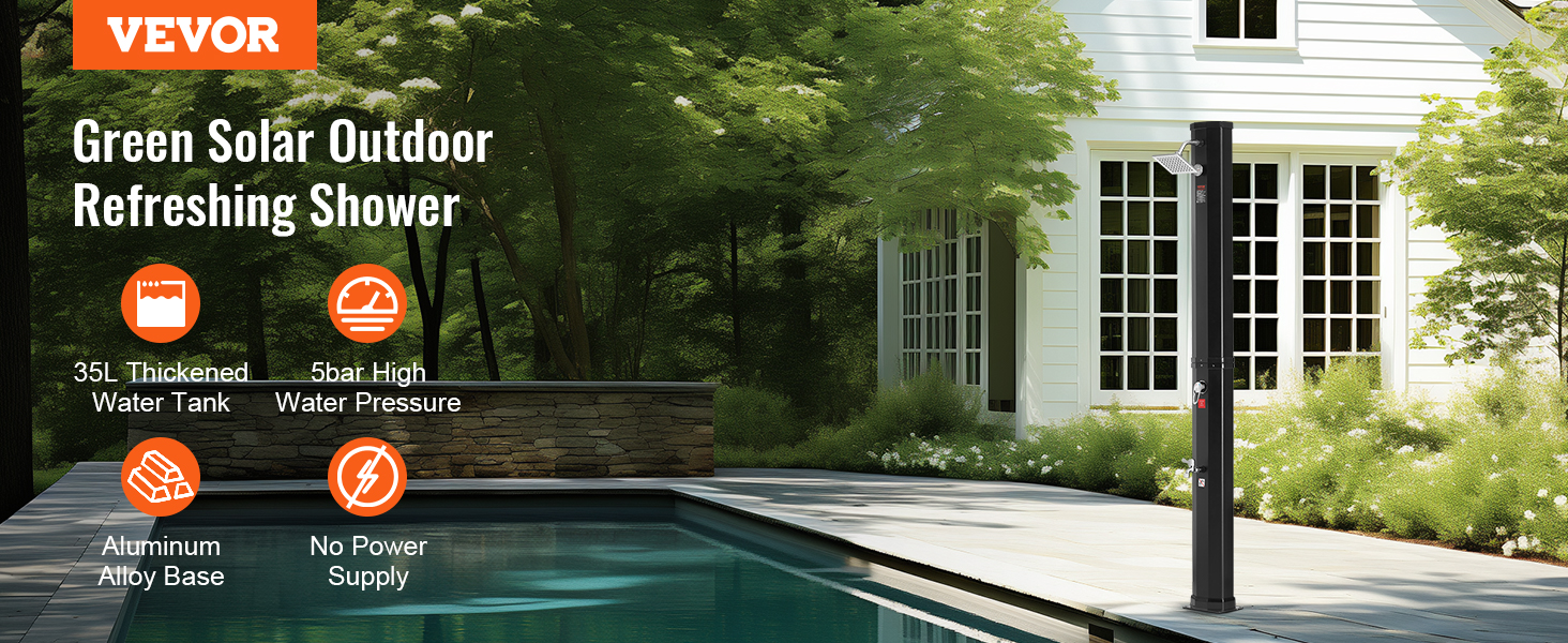 VEVOR solar heated shower by a pool, features include 35l water tank and 5bar pressure.