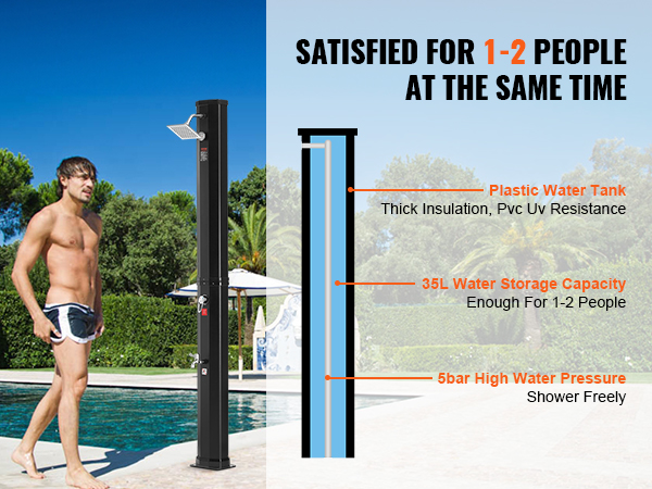 VEVOR solar heated shower by the pool, 35l capacity, high water pressure, suitable for 1-2 people.