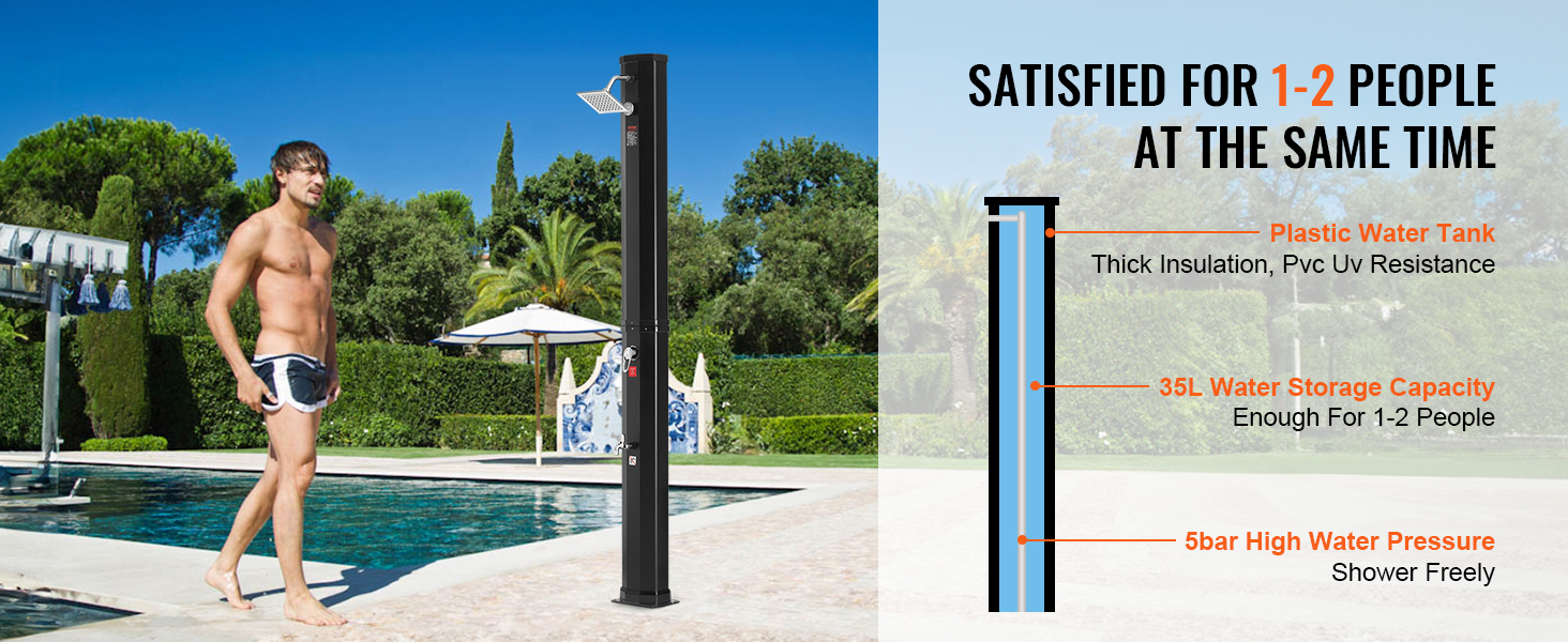 VEVOR solar heated shower by the pool, 35l capacity, high water pressure, suitable for 1-2 people.