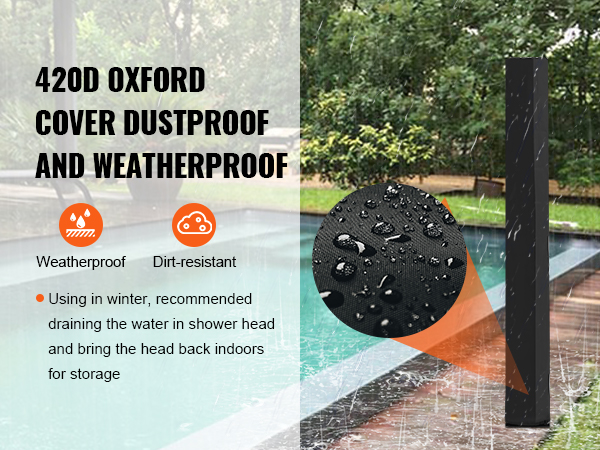 VEVOR solar heated shower with 420d oxford cover, weatherproof and dirt-resistant features by a pool.