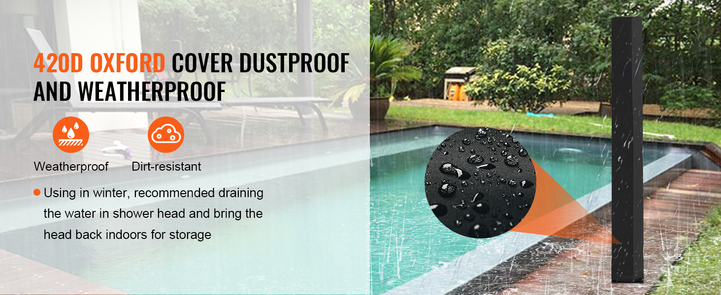 VEVOR solar heated shower with 420d oxford cover, weatherproof and dirt-resistant features by a pool.