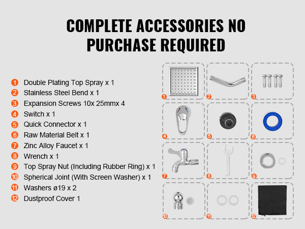complete set of accessories for VEVOR solar heated shower, including faucet, switch, and wrench.