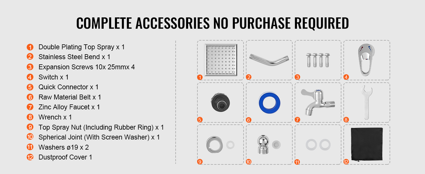 complete set of accessories for VEVOR solar heated shower, including faucet, switch, and wrench.