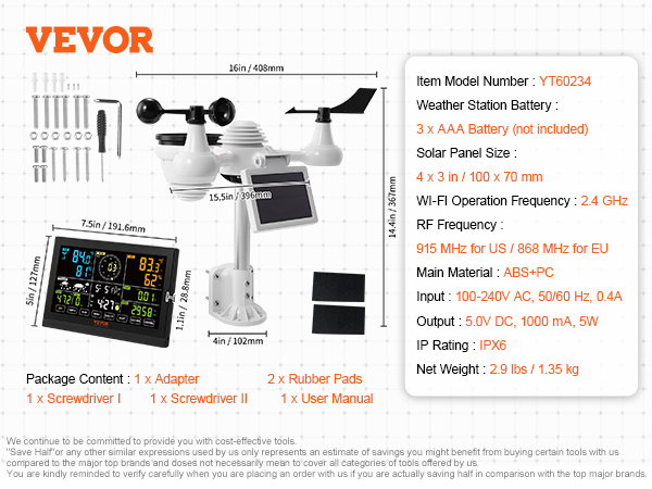 VEVOR weather station model yt60234 with mounting hardware, solar panel, and display dimensions.