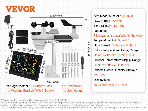 VEVOR wireless weather station with display, sensors, and mounting accessories detailed in packaging.
