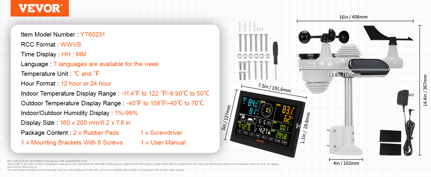 VEVOR wireless weather station with display, sensors, and mounting accessories detailed in packaging.