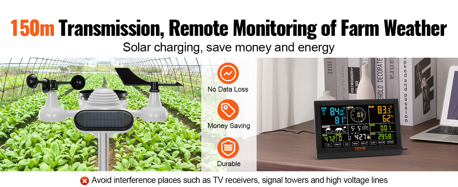 VEVOR wireless weather station with 150m transmission, solar charging, and remote farm monitoring.