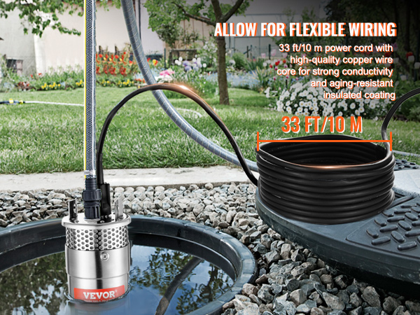 VEVOR solar water pump with 33 ft/10 m cord, copper wire core, and garden in the background.