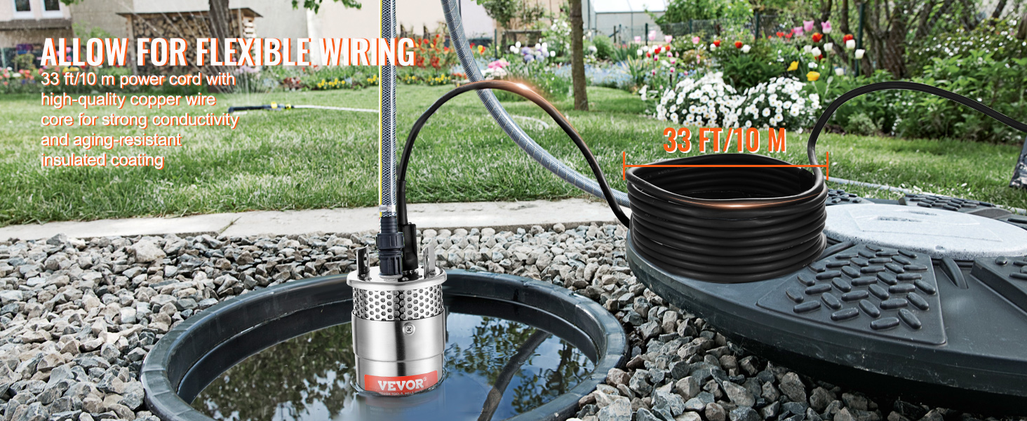 VEVOR solar water pump with 33 ft/10 m cord, copper wire core, and garden in the background.