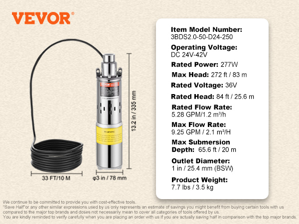 VEVOR solar water pump, model 3bds2.0-50-d24-250, 9.25 gpm flow rate, 277w, 272 ft head, 7.7 lbs weight.