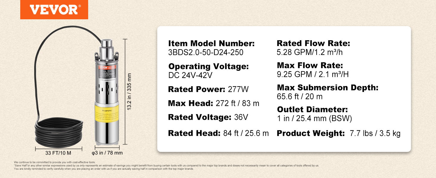 VEVOR solar water pump, model 3bds2.0-50-d24-250, 9.25 gpm flow rate, 277w, 272 ft head, 7.7 lbs weight.
