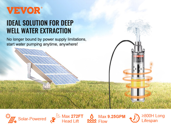 VEVOR solar water pump for deep well water extraction, solar-powered with max 272ft head lift and 9.25gpm flow.