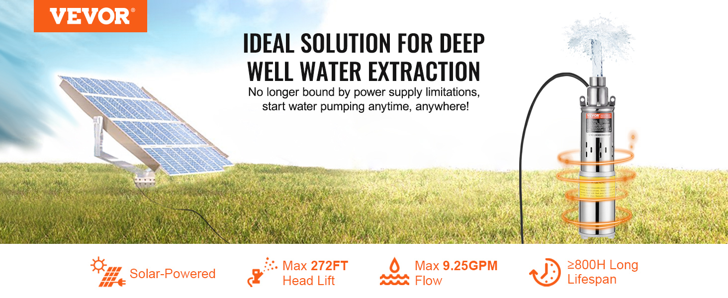 VEVOR solar water pump for deep well water extraction, solar-powered with max 272ft head lift and 9.25gpm flow.