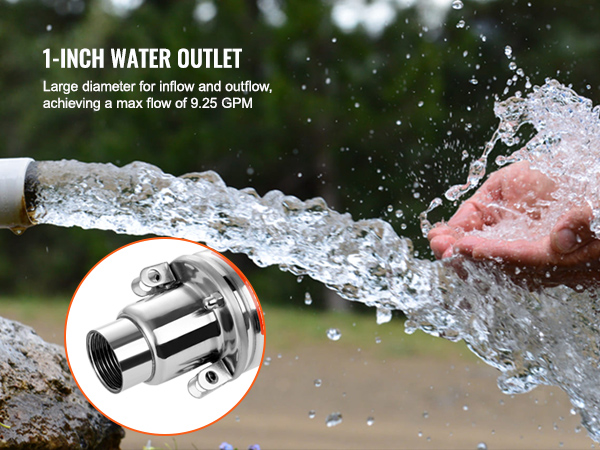 VEVOR solar water pump with 1-inch water outlet and max flow of 9.25 gpm, water flowing into hands.