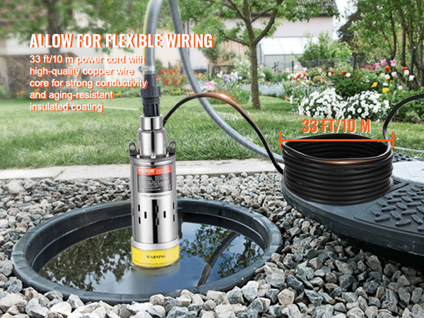 VEVOR solar water pump with 33 ft power cord in a garden setting near a small pond.