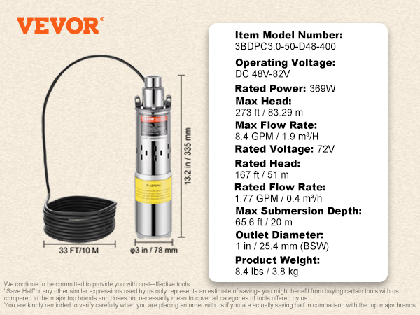 VEVOR solar water pump specs: 369w, max flow 8.4 gpm, submersion depth 65.6 ft, head 273 ft, 48v-82v.