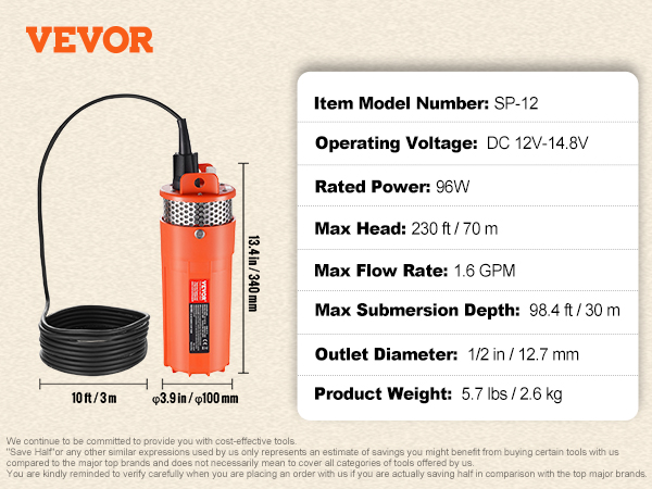 VEVOR saules ūdens sūknis, modelis sp-12, 96 W, 1,6 gpm, iegremdēšana 98,4 ft, 230 ft maksimālais augstums, 5,7 lbs.
