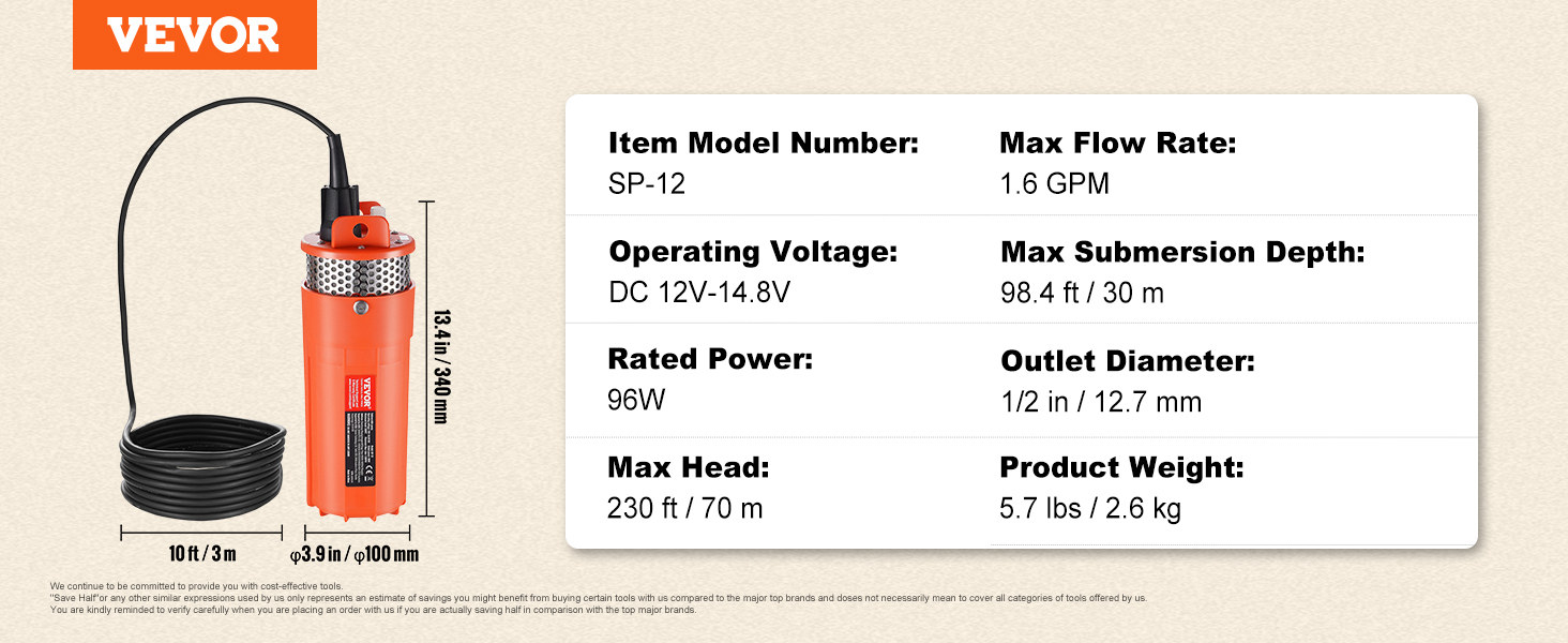 VEVOR saules ūdens sūknis, modelis sp-12, 96 W, 1,6 gpm, iegremdēšana 98,4 ft, 230 ft maksimālais augstums, 5,7 lbs.