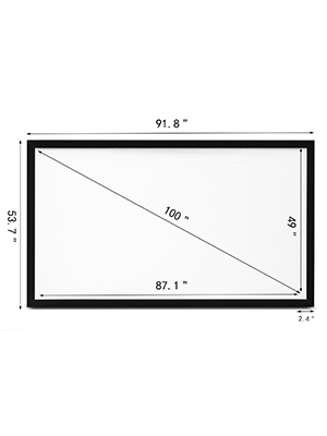 VEVOR projektora ekrāns ar izmēriem: 100" diagonāle, 91,8" platums, 53,7" augstums.