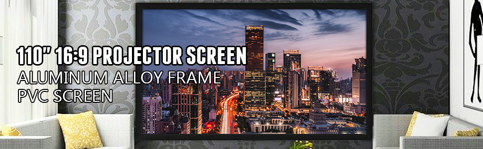 VEVOR projector screen in a modern living room with cityscape display.