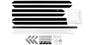 VEVOR projector screen assembly kit with metal frames, fabric, and mounting hardware.