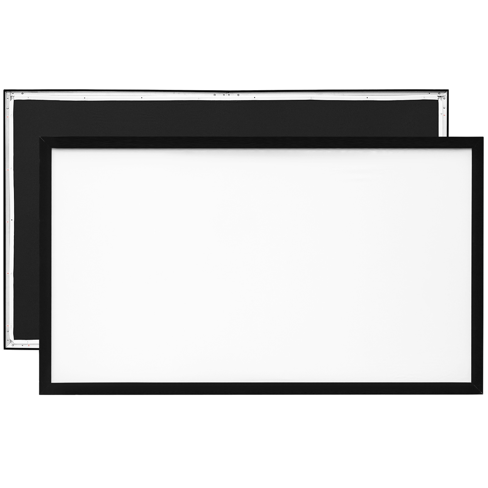 VEVOR projector screen with black frame against black and white backdrop.