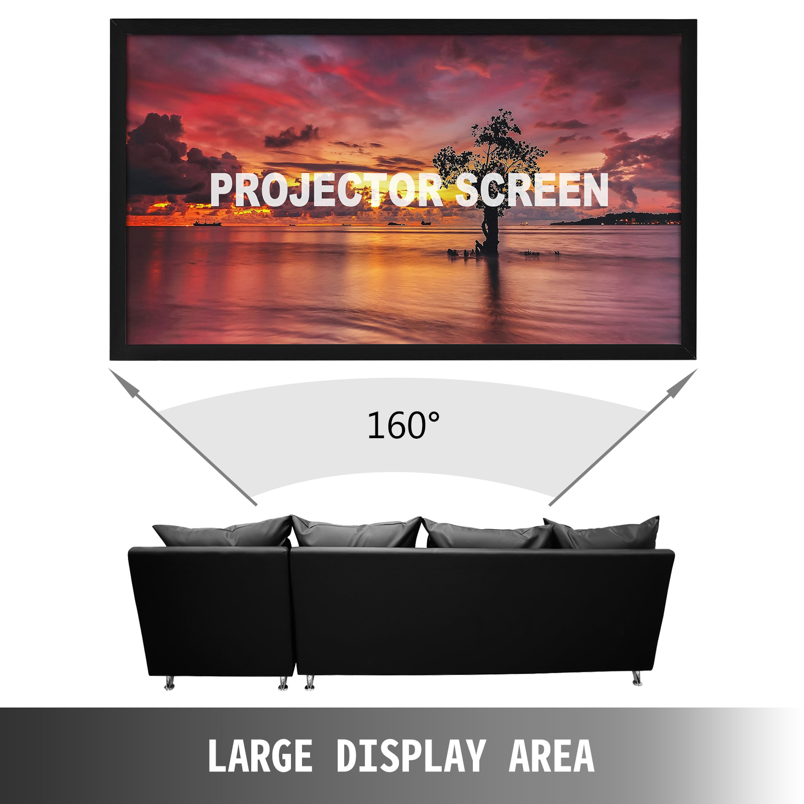 VEVOR projector screen with wide 160° viewing angle and large display area.