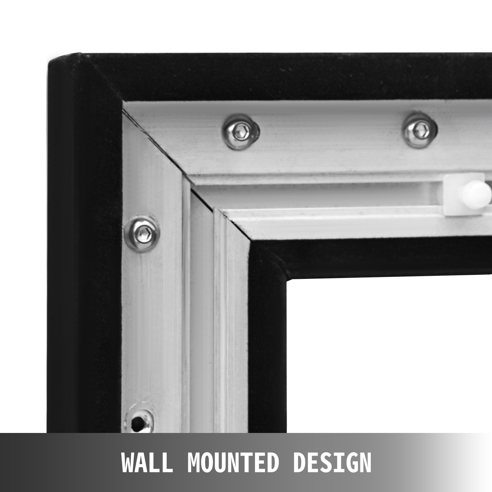 VEVOR projector screen wall-mounted frame detail with screws and velvet edge.