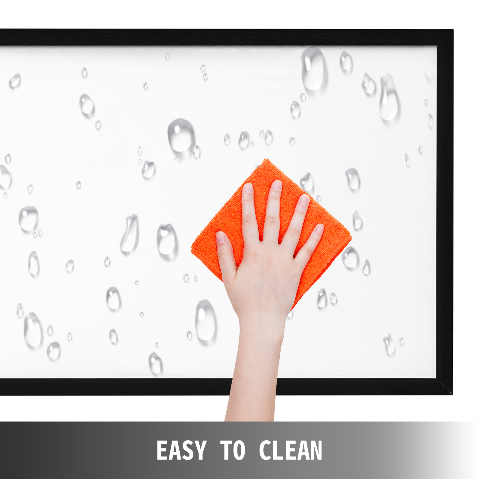 hand cleaning VEVOR projector screen with orange cloth, showcasing its easy-to-clean feature.