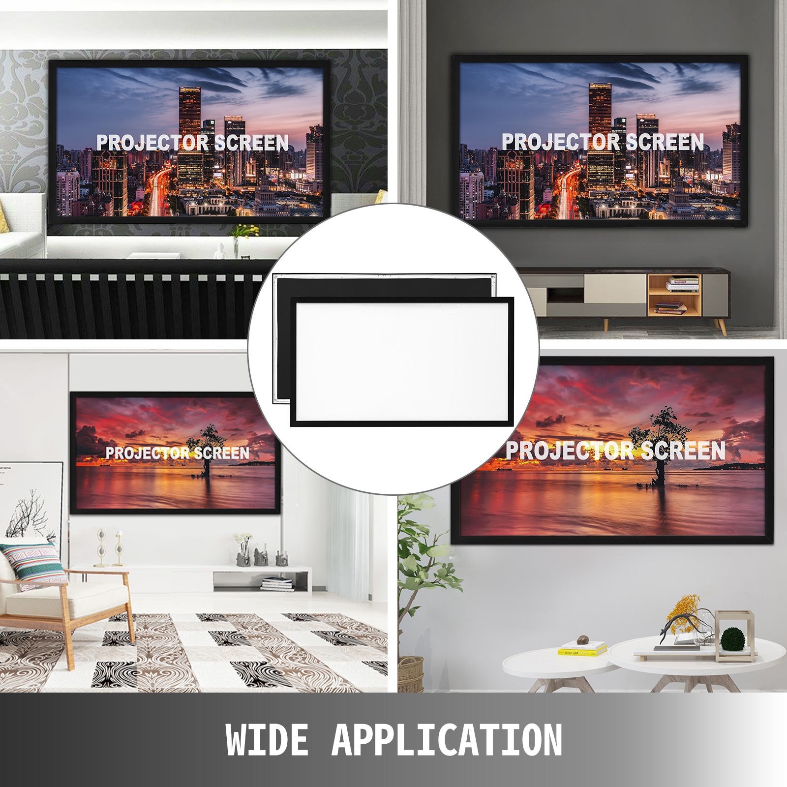 VEVOR projector screen in various modern room settings for wide application.