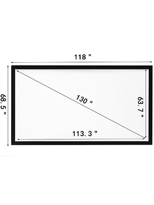 VEVOR projector screen, 130" diagonal, 118" width, 68.5" height, wall-mounted.