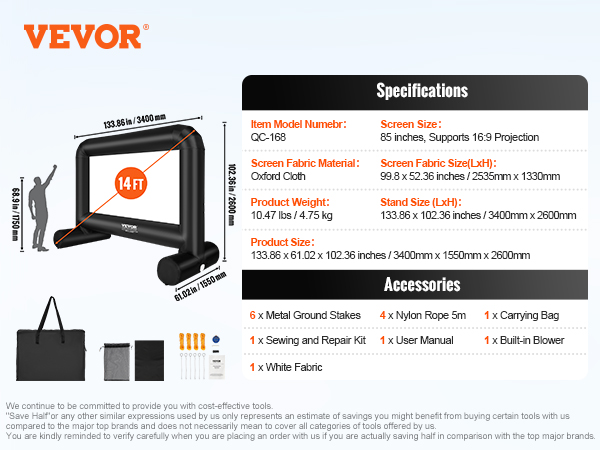 VEVOR inflatable movie screen, 14ft, oxford cloth, includes blower, stakes, ropes, and carrying bag.