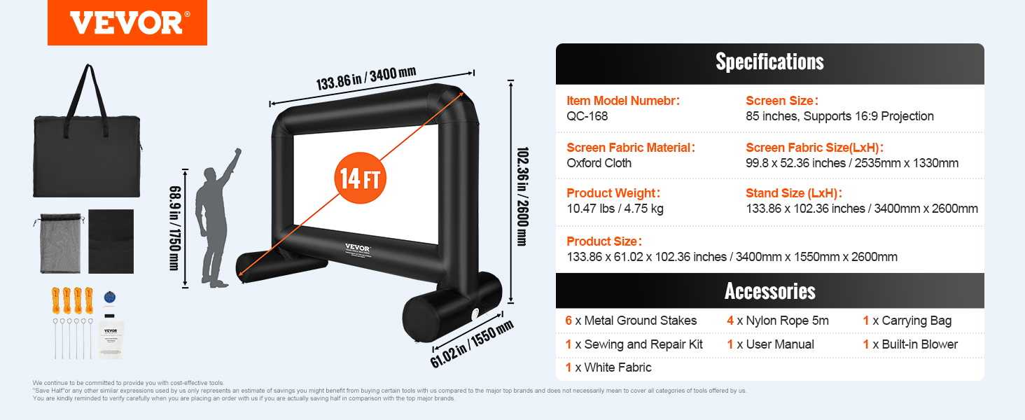 VEVOR inflatable movie screen, 14ft, oxford cloth, includes blower, stakes, ropes, and carrying bag.